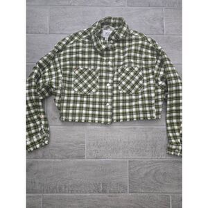 Urban Outfitters BDG Carissa Flannel Cropped Shirt Jacket Green Shacket Black Wh